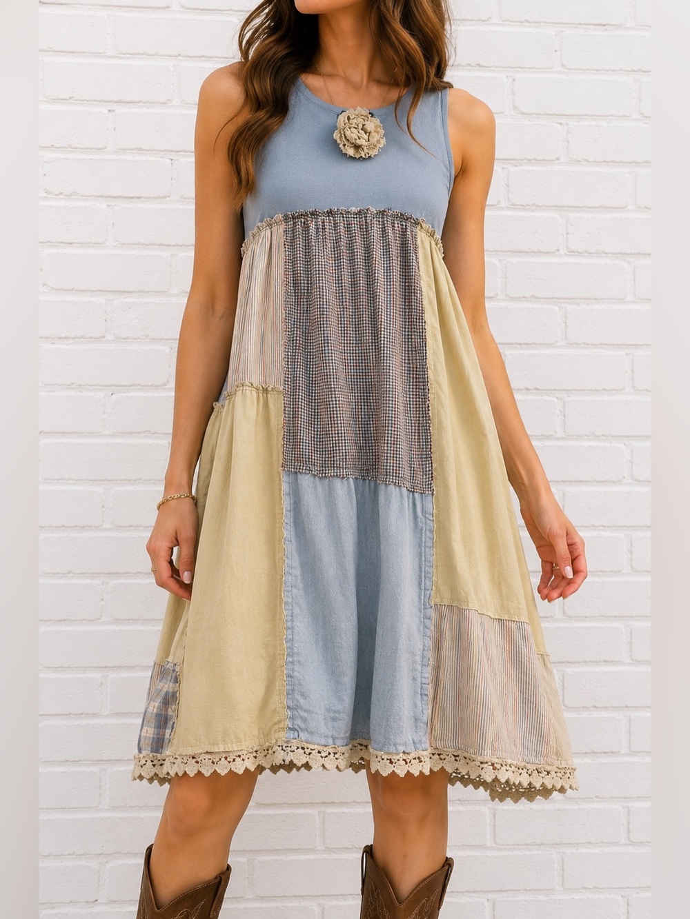 Andy’s Summer Patchwork Lagenlook Prairie Dress Cottagecore Blue Cream M